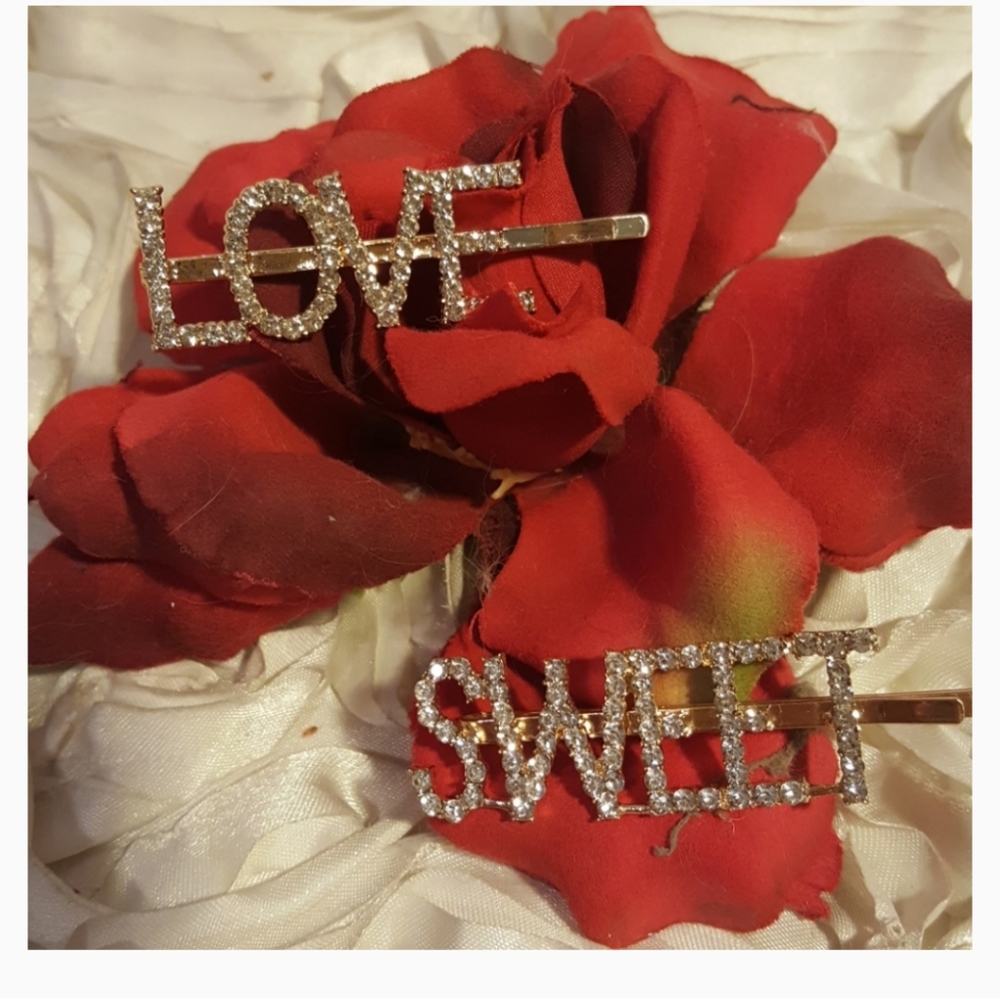 Rhinestone LOVE & SWEET Hair Clips -  Sparkly Statement Barrettes.